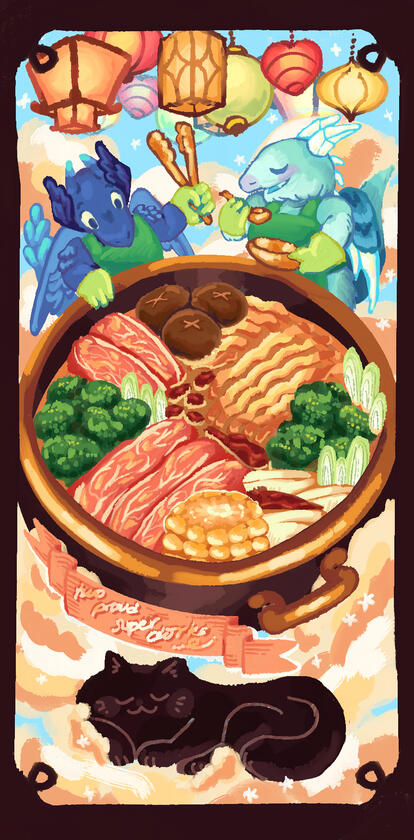 A bookmark designed for the commissioner's wedding anniversary, featuring the couple's favorite dish and their cat.
